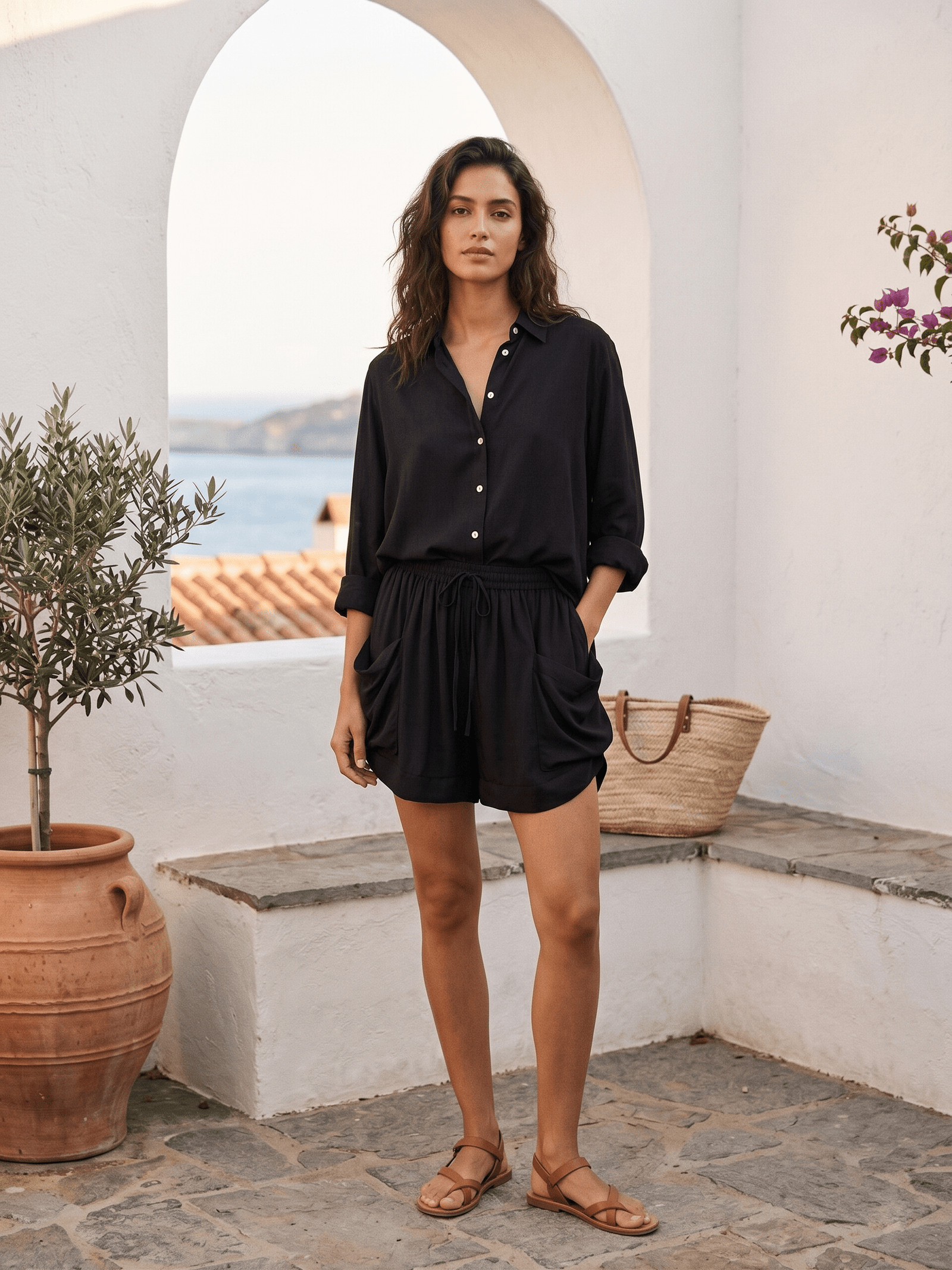 8 Liso Camisa Corta Ines Black Solid